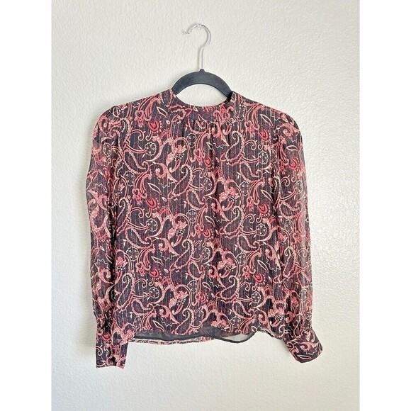 Kachel Tops - Kachel x Anthropologie Blouse Size 4 Silk Blend Paisley Gold Tinsel Bessie Sheer